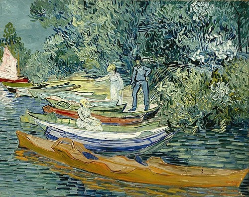 Vincent van Gogh, Am Ufer der Oise in Auvers. 1890 (Landschaft,Fluß,Post-Impressionismus,19. Jahrhundert,Öl auf Leinwand,Detroit,Institute of Art,1853-1890,Gogh,Vincent van,natur,flußufer,ausflügler,boote,ruderboote,ausflug,frauen,mann,idylle,fluß,frankreich,französisch,boats)