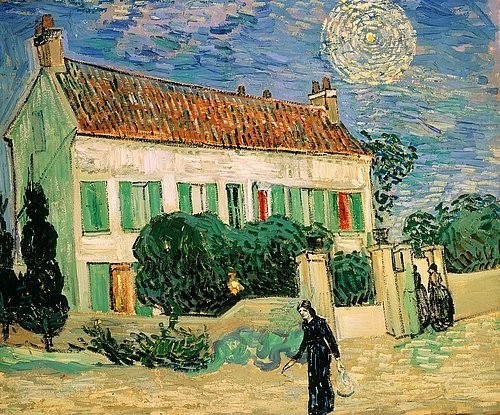 Vincent van Gogh, Weißes Haus bei Nacht. Juni 1890. (Gogh,Vincent van,1853-1890,St. Petersburg,Eremitage,Öl auf Leinwand,19. Jahrhundert,Post-Impressionismus,© Fine Art Images,straße,haus,frauen,mondschein,mond,nachts,abends,abend,passantin,frau,mondlicht)