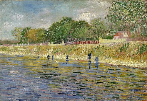 Vincent van Gogh, Ufer der Seine. Paris, Mai - Juli 1887. (Öl auf Leinwand,Amsterdam,Van Gogh - Museum,Fluß,Post-Impressionismus,Landschaft,19. Jahrhundert,1853-1890,Gogh,Vincent van,seineufer,fluß,frankreich,flußufer,impressionistisch,idylle,französisch,bäume,reflexion)