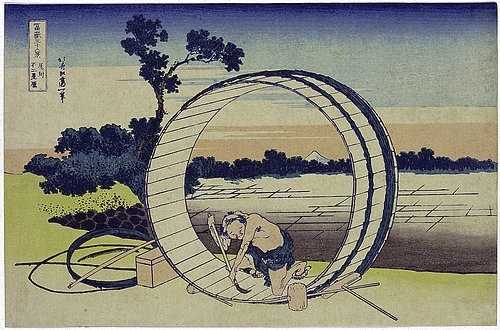 Katsushika Hokusai, Felder in der Provinz Owari, aus der Serie 36 Ansichten des Berges Fuji. (Hokusai,Katsushika,1760-1849,Christie's Images Ltd,Holzschnitt,19. Jahrhundert,18. Jahrhundert,Katsushika Hokusai,Oban yoko-e,Fassbinder,Küfer,Fass,Mann,arbeiten,Beruf,Durchblick,Felder,Japan,japanisch,Berg,Fuji,Ackerland)