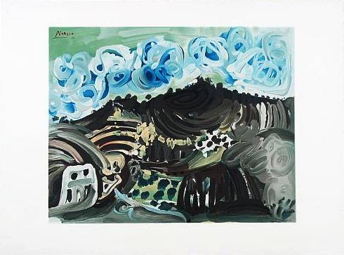 Picasso Pablo Blick aus dem Atelier (Granolithografie, Bütten) (Klassische Moderne, Malerei, Landschaft, Natur, Architektur, Bäume, Häuser, Berge, Schlafzimmer, Wohnzimmer, Treppenhaus, bunt)