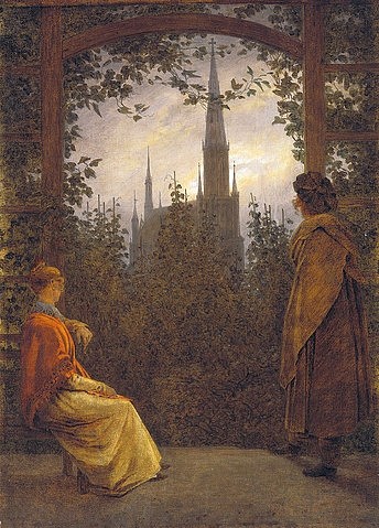 Caspar David Friedrich, Gartenlaube. 1818. (München,Neue Pinakothek,Friedrich,Caspar David,1774-1840,Kirchen,Abend,Gärten,Friedrich, Caspar David 1774-1840, 18. Jahrhundert, 19. Jahrhundert, Romantik, romantisch, Paar, Liebe, Liebespaar, Mann, Frau, junger Mann, junge Frau, Aussicht, Ausblick, Gart)