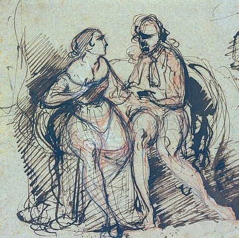 Paul Cézanne, Ballpause. (nicht datiert). (Städel Museum,Frankfurt am Main,Cézanne,Paul,1839-1906,Feder in Braun,Graphische Sammlung,19. Jahrhundert,Rötel und weiße Kreide,über Bleistift auf geripptem Büttenpapier,Paul Cézanne,Cezanne,Mann,Frau,Paar,Zeichnung,sich unterhalten,Rendez-vous,Ball,Skiz)