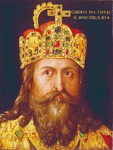 Albrecht Dürer, Idealbildnis Kaiser Karls des Großen im Krönungsornat mit der Reichskrone. Nürnberg, 1517. (Dürer,Albrecht,1471-1528,Berlin,Deutsches Historisches Museum,Öl/Lindenholz,16. Jahrhundert,Renaissance,deutsche,dürer,herrscher,kaiser,porträt,Karl der große,europäische geschichte,europa,fränkisches reich,frankenreich,franken)