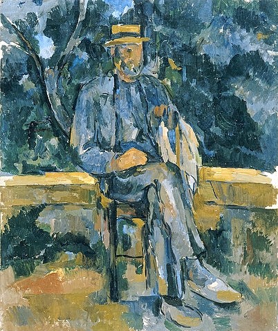 Paul Cézanne, Bildnis eines Bauern. 1905-06 (Cézanne,Paul,1839-1906,Madrid,Thyssen-Bornemisza,Öl auf Leinwand,19. Jahrhundert,Post-Impressionismus,Paul Cezanne,Mann,Bauer,sitzen,Strohhut,blau,mit übergeschlagenen Beinen sitzen)