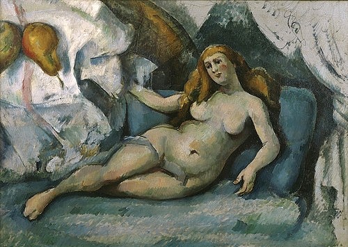 Paul Cézanne, Liegender weiblicher Akt (Femme nue couchée). 1886-90 (Wuppertal,Von-der-Heydt-Museum,Cézanne,Paul,1839-1906,Öl/Karton,19. Jahrhundert,Post-Impressionismus,Paul Cezanne,unvollendet,Frau,blond,liegen,Diwan,Akt,Tuch,Vorhang,Birne,Früchte)
