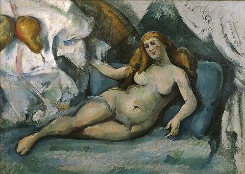 Paul Cézanne, Liegender weiblicher Akt (Femme nue couchée). 1886-90 (Wuppertal,Von-der-Heydt-Museum,Cézanne,Paul,1839-1906,Öl/Karton,19. Jahrhundert,Post-Impressionismus,Paul Cezanne,unvollendet,Frau,blond,liegen,Diwan,Akt,Tuch,Vorhang,Birne,Früchte)
