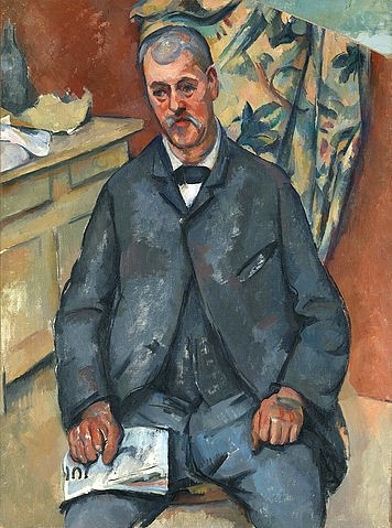Paul Cézanne, Sitzender Mann. 1890-1900 (Portrait,Post-Impressionismus,19. Jahrhundert,Öl auf Leinwand,Oslo,Nasjonalgalleriet,1839-1906,Cézanne,Paul,Paul Cezanne Mann sitzen,Anzug grau grauhaarig Zeitung Kommode)