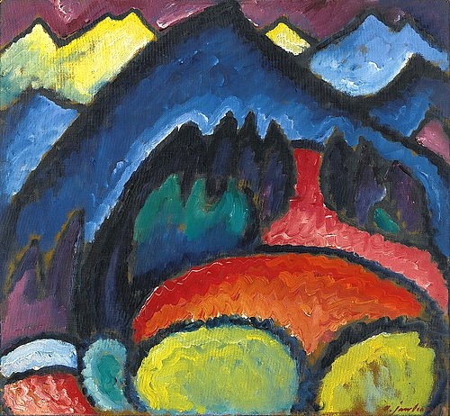 Alexej von Jawlensky, Oberstdorf - Gebirge. 1912 (Jawlensky,Alexej von,1864-1941,Öl/Karton,Privatbesitz,20. Jahrhundert,Expressionismus,Landschaft,Berge,Alexej von Jawlensky,Blauer Reiter,Farben,farbenfroh,schwarze Kontur,Konturlinie,Bayern,Alpen,Berge,Staffelung,Tiefenstaffelung)