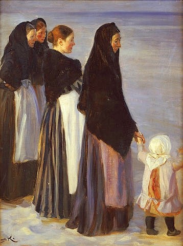 PEDER SEVERIN KROYER, Wenn die Fischerboote abfahren. (Christie's Images Ltd,Kroyer,Peter Severin,1851-1909,Dänemark,dänisch, 19. Jahrhundert,20. Jahrhundert, Realismus, realistisch, Impressionismus, impressionistisch, Frauen, Alte Frau,Junge Frau,Mütter,Gefühle,Kroyer, Peter Severin Kroyer, Kind, Meer, Ufer,)