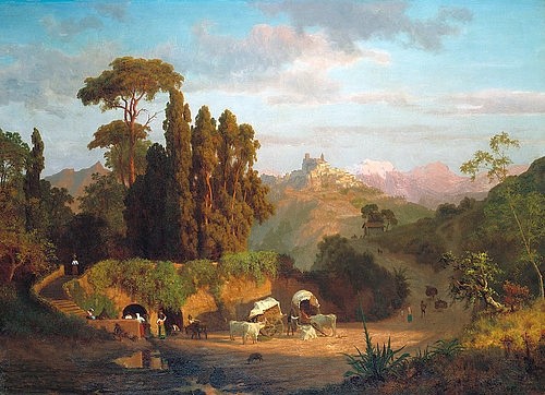 Albert Bierstadt, Italienische Berglandschaft. 1859 (Öl auf Holz,Landschaft,19. Jahrhundert,1830-1902,Bierstadt,Albert,Christie's Images Ltd,1859,Albert Bierstadt,Italien,italienisch,Berge,Kühe,Wagen,Rast,rasten,ländlich ,auf dem land,unterwegs)
