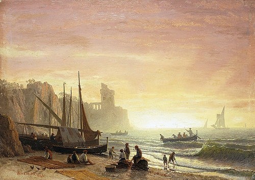 Albert Bierstadt, Fischereiflotte. 1862 (Christie's Images Ltd,Bierstadt,Albert,1830-1902,Öl/Karton,19. Jahrhundert,Landschaft,1862,Albert Bierstadt,Fangflotte,Strand,Felsen,Steilküste,Küste,Sonnenuntergang,Abend,Fischer,Fischerei,Boote,Netze,Fischernetze,Meer,Sonnenaufgang,Dämmerung,Meer,maleri)