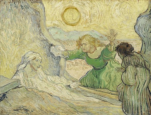 Vincent van Gogh, Die Auferweckung des Lazarus (nach Rembrandt). Saint-Rémy-de-Provence, Mai 1890. (Gogh,Vincent van,1853-1890,Amsterdam,Van Gogh - Museum,Öl/Papier,19. Jahrhundert,Religion,Post-Impressionismus,Christliche Kunst,Neues Testament,Christentum,sonne,auferstehung von den toten,heuhaufen,feld,engel,wunder,bibel,tod)