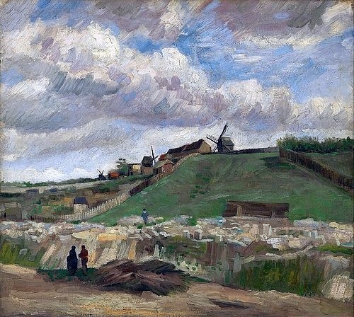 Vincent van Gogh, Hügel von Montmartre mit Steinbruch. Paris, Juni - Juli 1886. (Öl auf Leinwand,Landschaft,Post-Impressionismus,Amsterdam,Van Gogh - Museum,Gogh,Vincent van,1853-1890,frankreich,landschaft,ländlich,bewölkt,wolken,wolkenhimmel,felder,windmühlen,windmühle,personen,menschen)