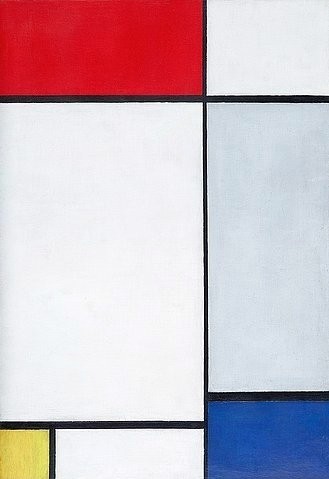 Piet Mondrian, Composition en rouge, jaune et bleu. 1927. (Malerei, Klassische Moderne, Konstruktivismus,  Neoplastizismus, geometrische Felder, Rechtecke, Raster, Wohnzimmer, Büro, Schlafzimmer, Arztpraxis, Wunschgröße, bunt)