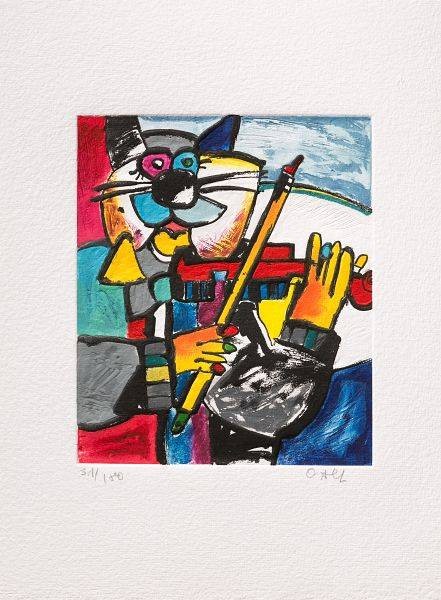 Alt Otmar Hans der Geiger (Radierung, handsigniert, nummeriert) (Katze, Musiker, Geiger, Beruf, figurativ, fröhlich, heiter, witzig, modern, Wohnzimmer, Treppenhaus, Grafik, zeitgenössisch, Original, signiert, bunt)