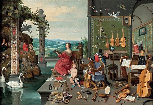 Jan BRUEGHEL DER Jüngere, Allegorie der Musik. Um 1645 (Brueghel d.J.,Jan,1601-1678,Privatbesitz,Öl auf Leinwand,17. Jahrhundert,Barock,Brueghel, Jan, der Jüngere,Musik,Musikinstrument,Musikinstrumente,Vogel,Vögel,Cello,Papagei,Uhr,Frau,Horn,Rehbock,Flöte,Noten,Notenblätter,Sinne,Sinn,Hörsinn,Schwan,Geige,Trom)