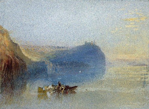 Joseph Mallord William Turner, Szene an der Loire. / Scene on the Loire. 19. Jh. (Turner,Joseph Mallord William,1775-1851,Oxford,Ashmolean Museum,Aquarell auf Papier,Landschaft,Fluß,landschaft,frankreich,küste,ufer,licht,lichtstimmung,trüb,zarte farben,helle,dunst,nebel,nebelig,boot,männer,ruhe)