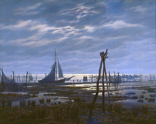 Caspar David Friedrich, Sumpfiger Strand (oder: Meeresufer bei Mondschein) (München,Neue Pinakothek,Friedrich,Caspar David,1774-1840,Abend,Meere,Mecklenburg,Friedrich,Caspar David, Bayerische Staatsgemäldesammlungen,nacht,dunkel,mondlicht,Ostsee,Romantik,Reuse,Boot,Fischerboot)