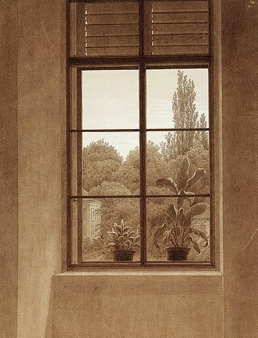 Caspar David Friedrich, Fenster mit Ausblick in einen Park. Um 1837 (?) (Romantik,über Bleistift,19. Jahrhundert,Pinsel in Braun,1774-1840,St. Petersburg,Eremitage,Friedrich,Caspar David,Friedrich, Caspar David,Fenster,Topfpflanze,Topfpflanzen,braun,Zeichnung,Ausblick,Blick durch ein Fenster)