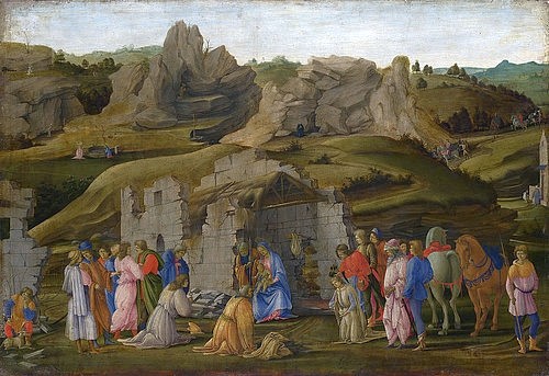 Filippino Lippi, Die Anbetung der Könige. Um 1480 (London,National Gallery,Lippi,Filippino,1457(?)-1504,Öl,15. Jahrhundert,? Fine Art Images,Eitempera auf Holz,Lippi, Filippino,Italien, Florentinische Schule Ruine,Hirten,felsige Landschaft,Felsen,Tobias,Heilige Familie,Erzengel Raffael,Heiliger Hieronymus)