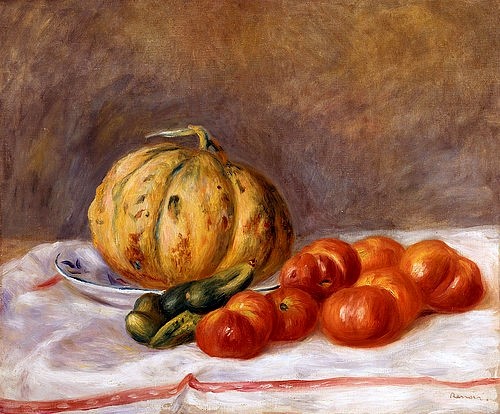 Pierre-Auguste Renoir, Melone und Tomaten. 1903 (Stillleben, Obst, Charentais-Melone, Tomaten, Gurken, Tischdecke, Obst, Gemüse, Impressionismus, klassische Moderne, Wunschgröße, Esszimmer, Wohnzimmer, Malerei)