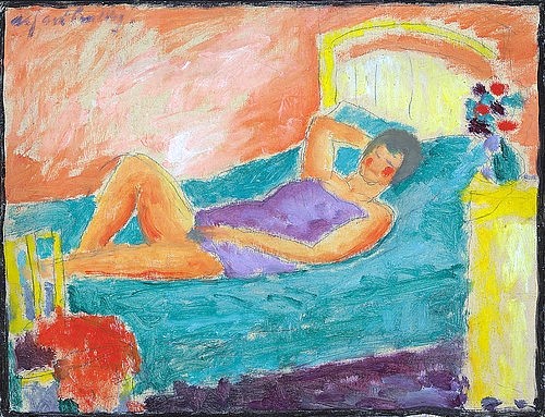 Alexej von Jawlensky, Liegendes Mädchen. Um 1917 (Jawlensky,Alexej von,1864-1941,Christie's Images Ltd,20. Jahrhundert,Expressionismus,Öl und Bleistift,auf Karton,Alexej Von Jawlensky,1917,Bett,Schlafzimmer,Mädchen,Frau,Hand hinter dem Kopf,auf dem Rücken liegen,ausgestreckt,orange,lila,violett,relaxen,a)