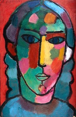 Alexej von Jawlensky, Mädchenkopf. Um 1915. (Jawlensky,Alexej von,1864-1941,Essen,Museum Folkwang,20. Jahrhundert,Expressionismus,Foto: Jens Nober,Museum Folkwang,Der Blaue Reiter,Öl auf Malpapier auf Karton,mädchen,frau,porträt,gesicht,farbenfroh,bunt,expressionistisch)