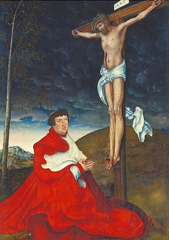 LUCAS CRANACH Der Ältere, Kardinal Albrecht von Brandenburg in Anbetung vor dem Gekreuzigten. 1520er (Kreuzigung, Christus, kalvarienberg, Beten, Albrecht von Brandenburg, Klerus,  Geistlicher, Kardinal, Klassiker, Renaissance, Wunschgröße, Wohnzimmer)