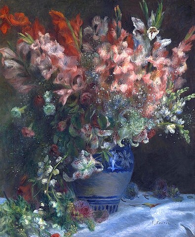 Pierre-Auguste Renoir, Gladiolen in einer Vase. Um 1875 (Stillleben, Blumenstrauß, üppig, Gladiolen, Blumen, Blüten, Krug, Impressionismus, klassische Moderne, Wunschgröße, Treppenhaus, Esszimmer, Wohnzimmer, Malerei)