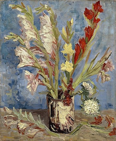 Vincent van Gogh, Vase mit Gladiolen und Astern. 1886 (Stillleben,Blumen,Post-Impressionismus,19. Jahrhundert,Öl auf Leinwand,Amsterdam,Van Gogh - Museum,1853-1890,Gogh,Vincent van,Gogh, Vincent, van,pastos,Pinselduktus,rot,weiß,Gladiole,Gladiolen,Astern,Astern,Blumen,Blumenstrauß,blauer Hintergrund)