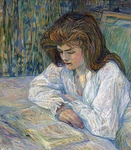 Henri de Toulouse-Lautrec, Die Lesende (La Liseuse). 1889 (Portrait,19. Jahrhundert,Privatbesitz,Öl/Karton,1864-1901,Toulouse-Lautrec,Henri de,Toulouse-Lautrec, Henri, de,vertraut,Hélène Vary,braunhaarig,brünett,Blick über die Schulter,Ruhe,ruhig,lesen,Mädchen,junge Frau,Buch,weiß,weiße Bluse,nach unten schauen,b)