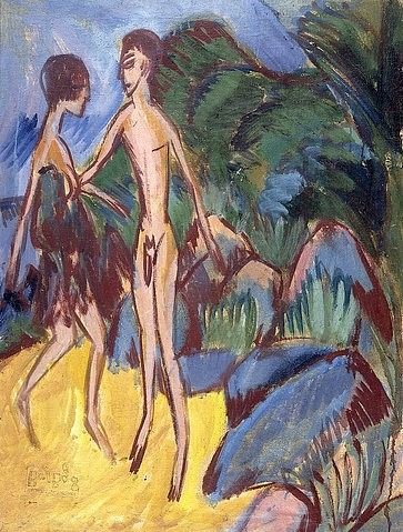 Ernst Ludwig Kirchner, Nackter Jüngling und Mädchen am Strand. 1913 (Kirchner,Ernst Ludwig,1880-1938,Christie's Images Ltd,Öl auf Leinwand,20. Jahrhundert,Expressionismus,Die Brücke,Ernst Ludwig Kirchner,1913,Annäherung,Strand,Brust,braunhaarig,Küste,Paar,Laub,Mädchen,jung,Frau,Mann,Liason,verliebt,Liebespaar,nackt,Akt,Hal)