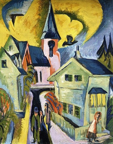Ernst Ludwig Kirchner, Königstein mit roter Kirche. 1916 (Kirchner,Ernst Ludwig,1880-1938,Christie's Images Ltd,Öl auf Leinwand,20. Jahrhundert,Expressionismus,Die Brücke,Ernst Ludwig Kirchner,1916,Vogel,Gebäude,Kirche,Kirchturm,erhöhter Betrachterstandpunkt,Stadtansicht,Zaun,grün,Königstein,Taunus,rot,gelb,Himm)