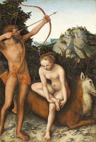 LUCAS CRANACH Der Ältere, Apoll und Diana. Um 1530 (Mythologie, Götter, nackt, Pfeil und Bogen, Hirsch, Göttin der Jagd, Landschaft,  Bogenschütze, Klassiker, Renaissance, Wunschgröße, Wohnzimmer)