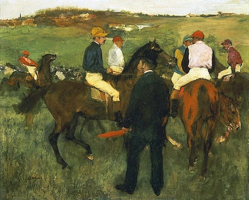 Edgar Degas, Rennpferde (nach dem Wiegen). Ca. 1871 (Degas,Edgar,1834-1917,Christie's Images Ltd,Öl/Holz,Degas,Edgar Degas,Impressionismus,Pferd,Rennpferd,Pferderennen,Jockey)