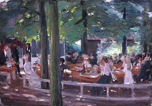 Max Liebermann, Biergarten in Laren, Studie. 1903 (Öl auf Leinwand,Impressionismus,deutscher,19. Jahrhundert,20. Jahrhundert,Liebermann,Max,1847-1935,Christie's Images Ltd,Max Liebermann,1903,Holland,Biergarten,geschäftig,Park,Zaun,Laren,Freizeit,im Schatten,unter Bäumen,schattig,Männer,Frauen,draußen,sit)