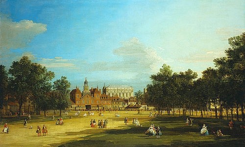 Canaletto (Giovanni Antonio Canal), London: Old Horse Guards und Banqueting Hall, Whitehall vom St. James's Park aus (London: The Old Horse Guards and the Banqueting Hall, Whitehall, from St.James's Park, with Gentlefolk Promenading.). (Canaletto (Giovanni Antonio Canal),1697-1768,Christie's Images Ltd,Öl auf Leinwand,18. Jahrhundert,Canaletto,Giovanni Antonio Canal,Park,London,Großbritannien,britisch,St. James?s Park, Old Horse Guards,Banqueting Hall, Whitehall,Spaziergänger,promenieren)