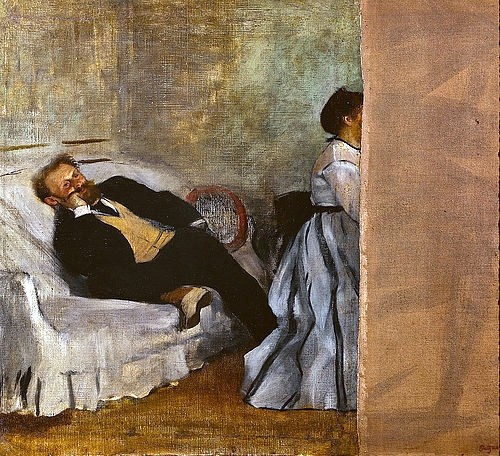 Edgar Degas, Monsieur and Madame Edouard Manet. 1868-69 (Degas,Edgar,1834-1917,Öl auf Leinwand,19. Jahrhundert,Portrait,Impressionismus,Alinari Archives,Florence,französischer,Kitakyushu (Japan),Municipal Museum of Art,Japan,Edgar Degas,Monsieur and Madame Edouard Manet,mann,frau,Paar,Ehepaar,Sofa,zurücklehnen,)