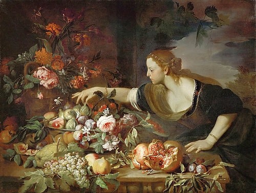 Abraham Brueghel, Frau mit Blumen und Früchten. 1669 (Paris,Musée du Louvre,Brueghel,Abraham,1631-1697,Mola,Pier Francesco,1612-1666,Öl auf Leinwand,17. Jahrhundert,Mola Pier Francesco,Brueghel Abraham,Frau,Granatapfel,Feigen,Obst,Blumen,Weintrauben,Rosen,Nelken,üppig,kirschen,Vielfalt)