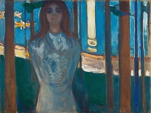 Edvard Munch, Sommernacht. Die Stimme. 1896. (Munch,Edvard,1863-1944,Oslo,Munch Muset,Öl auf Leinwand,19. Jahrhundert,Expressionismus,Landschaft,See,Wald,frau,edvard munch,wald,see,ruderer,mondlicht,reflexion,bäume,natur,sommer,mondschein,boote,ruderboote,allein)