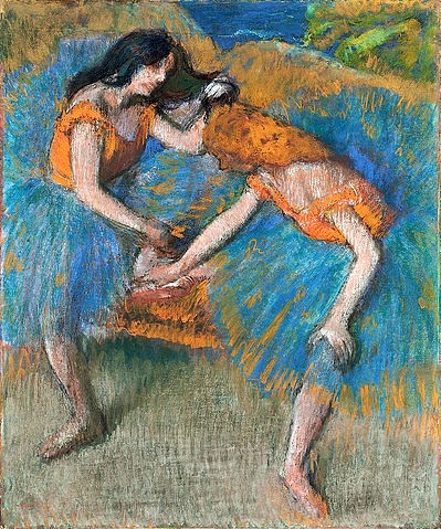 Edgar Degas, Zwei Tänzerinnen in gelben Korsagen (Deux Danseuses aux Corsages Jaunes). Um 1902 (Degas,Edgar,1834-1917,Impressionismus,französischer,19. Jahrhundert,Pastell auf Papier,auf Karton,Christie's Images Ltd,Edgar Degas,1902,schwarzhaarig,Korsage,Mieder,Tanz,Tänzerin,Tänzerinnen,Ballett,Balletttänzerin,Balletttänzerinnen,Ballerina,Ballerinas)