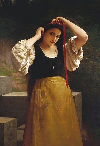 William Adolphe Bouguereau, Die rote Schleife. 1869 (19. Jahrhundert,Bouguereau,William Adolphe,1825-1905,Öl auf Leinwand,Christie's Images Ltd,William-Adolphe Bouguereau,junge Frau,jung,Mädchen,Schürze,Bluse,brünett,Schleife,Ärmel,gelb,befestigen)