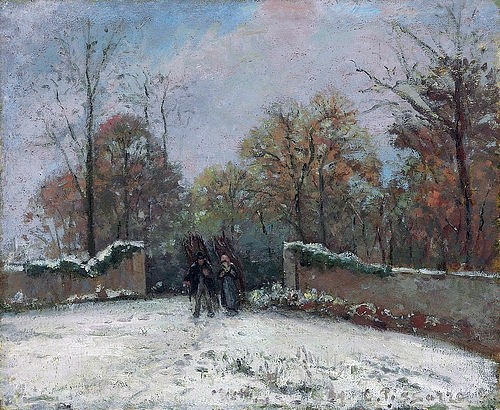 Camille Pissarro, Am Waldrand in Marly bei Schnee / Entrée de la forêt de Marly, effet de neige. Um 1870 (Christie's Images Ltd,Pissarro,Camille,1830-1903,Öl auf Leinwand,19. Jahrhundert,Impressionismus,französischer,Camille Pissarro,1870,kahle Bäume,kalt,Paar,Waldrand,Wald,Waldeingang,Mann,Frau,Marly,Schnee,verschneit,zu Fuß,Mauer,Winter,Reisig,Brennholz)