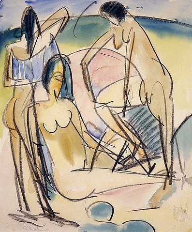 Ernst Ludwig Kirchner, Badende am Strand, Fehmarn. (Kirchner,Ernst Ludwig,1880-1938,Christie's Images Ltd,Aquarell,20. Jahrhundert,Expressionismus,schwarze Kreide auf Papier,Die Brücke,Ernst Ludwig Kirchner,baden,Badende,schwarze Kreide,Fehmarn,nackt,Akte,Akt,am Meer,Küste,Strand,drei,stehen,sitzen,Frau,Fr)