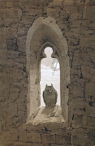 Caspar David Friedrich, Die Eule im gotischen Fenster. Um 1836 (Friedrich,Caspar David,St. Petersburg,Eremitage,1774-1840,Bleistift,19. Jahrhundert,Romantik,Pinsel,Sepia auf Papier,Friedrich, Caspar David,Mondlicht,Mond,Eule,Vogel,gotisch,Fenster,Kirchenfenster,Blick durch,Zeichnung,Tier,Uhu,Gemäuer)