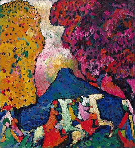 Wassily Kandinsky, Der blaue Berg. 1908-09 (Kandinsky,Wassily,1866-1944,New York,S. Guggenheim-Museum,Öl auf Leinwand,20. Jahrhundert,Wassily Kandinsky,Berg,Hügel,blau,gelb,magenta,rot,Bäume,Reiter,Pferd,Pferde,drei,Landschaft,spirituell,galoppieren,Galopp,heiter,farbenfroh)