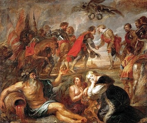 Peter Paul Rubens, Begegnung König Ferdinands von Ungarn mit dem Kardinalinfanten Ferdinand vor der Schlacht bei Nördlingen. 1634/35. (Barock,flämisch,17. Jahrhundert,Öl auf Leinwand,Wien,Kunsthistorisches Museum,Rubens,Peter Paul,1577-1640,Dreißigjähriger Krieg,dreißigjährige,30jährige,europa,deutschland,soldaten,stadt,konflikt,glaubenskrieg,religionskrieg,geschichte)