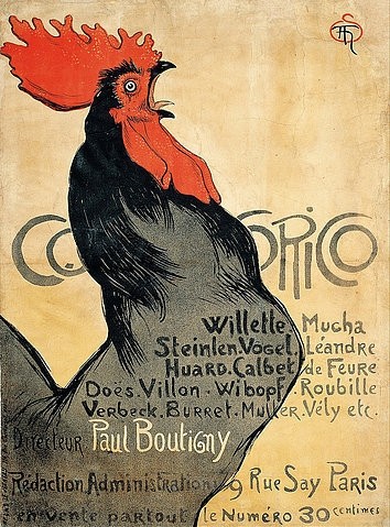 Théophile-Alexandre Steinlen, Cocorico. (Plakatwerbung der Zeitschrift 'Cocorico'). 1899 (Art Nouveau, Jugendstil, Hahn, Hahnenkamm, Hahnenschrei, Vogel, Werbung, Plakat, Paris, Wohnzimmer, Treppenhaus, Wunschgröße, Malerei, bunt)