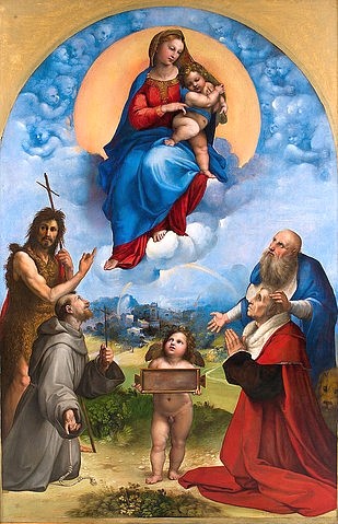 Raffael (Raffaello Sanzio), Madonna von Foligno. Um 1511-12 (Raffael (Raffaello Sanzio),1483-1520,Öl auf Leinwand,Renaissance,Alinari Archives,Florence,Vatikan,Vatikanische Museen,Christliche Kunst,Neues Testament,State of the Vatican City Vatican Museums,Pinacoteca Vaticana,Fine Art Images/Alinari Archives,Firenze)